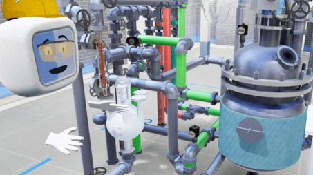 Digitaler Zwilling der Chemieanlage im Training Chemikant VR. Rohre sind verschieden gefärbt, um Zusammenhänge darzustellen. WM Tutor erklärt.