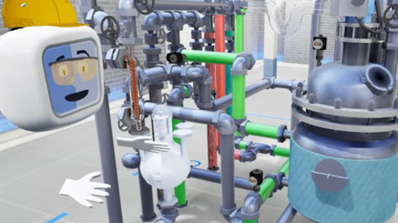Digital twin of the chemical plant in Chemical Technician VR training. Pipes are colored differently to show correlations. Weltenmacher tutor explains.