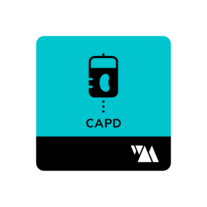 Weltenmacher CAPD VR Training Logo, CAPD Solution bag on light brue ground
