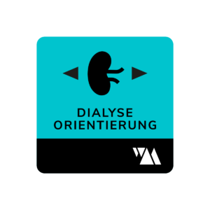 Weltenmacher Dialysis Orientation VR Training Logo, kidney with arrows pointing in different directions. light blue background