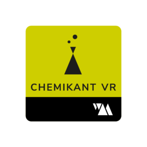 Weltenmacher Chemikant VR Logo, bubbling flask on yellow ground