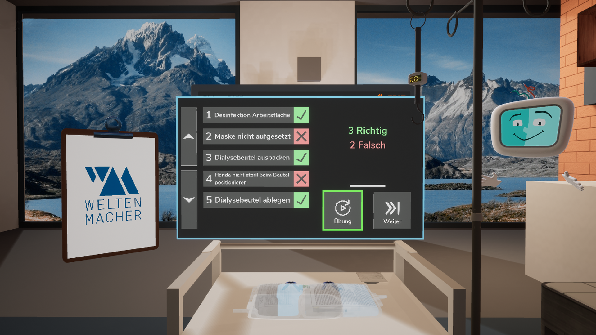 CAPD feedback screen at the end of a module, showing 3 correct actions, and two mistakes made by the patient