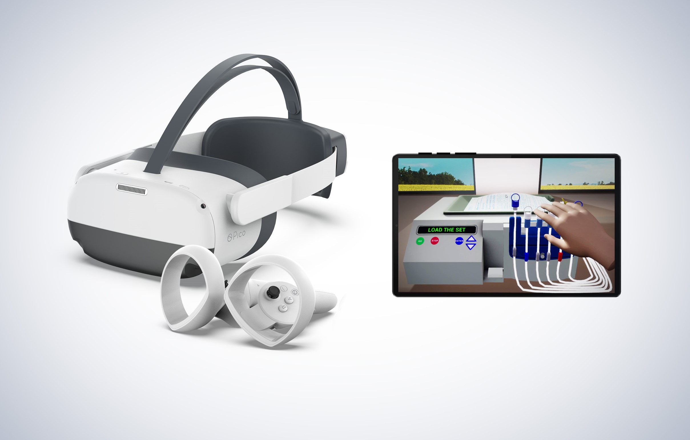 Hardware setup consisting of the Pico Neo 3 VR Headset and a tablet for screen mirroring