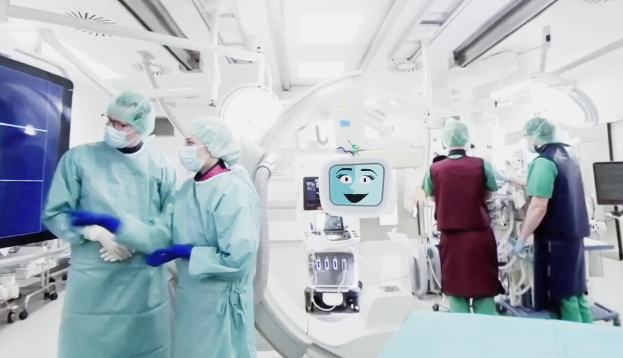 TAVI VR Blick in den Operationssaal, Tutor erklärt die einzelnen Aufgaben des medizinischen Personals