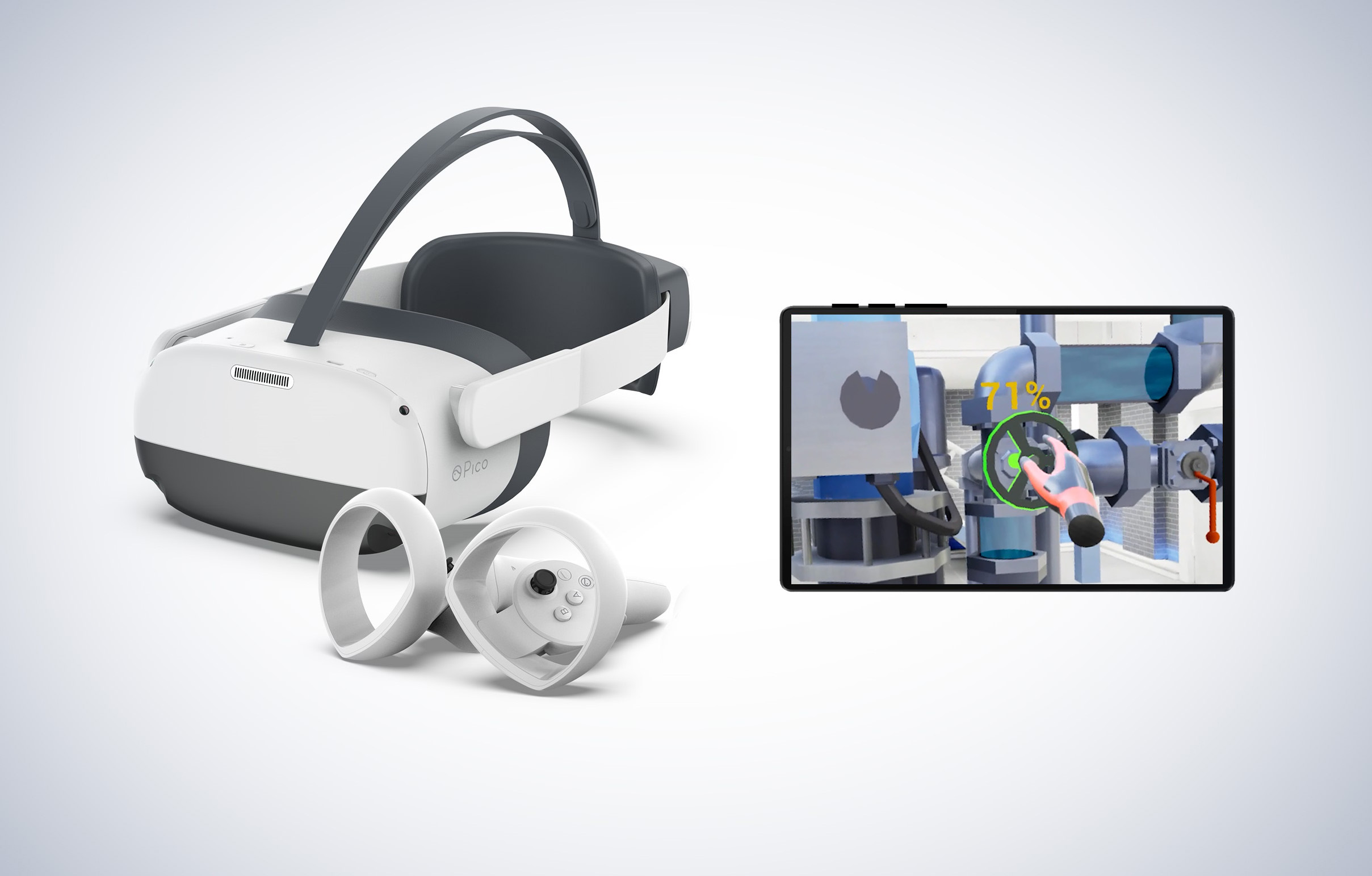 Unsere Hardware Empfehlung: Die Pico Neo3 VR Brille und ein Tablet, um den Azubis im Training an der virtuellen Anlage zuzusehen