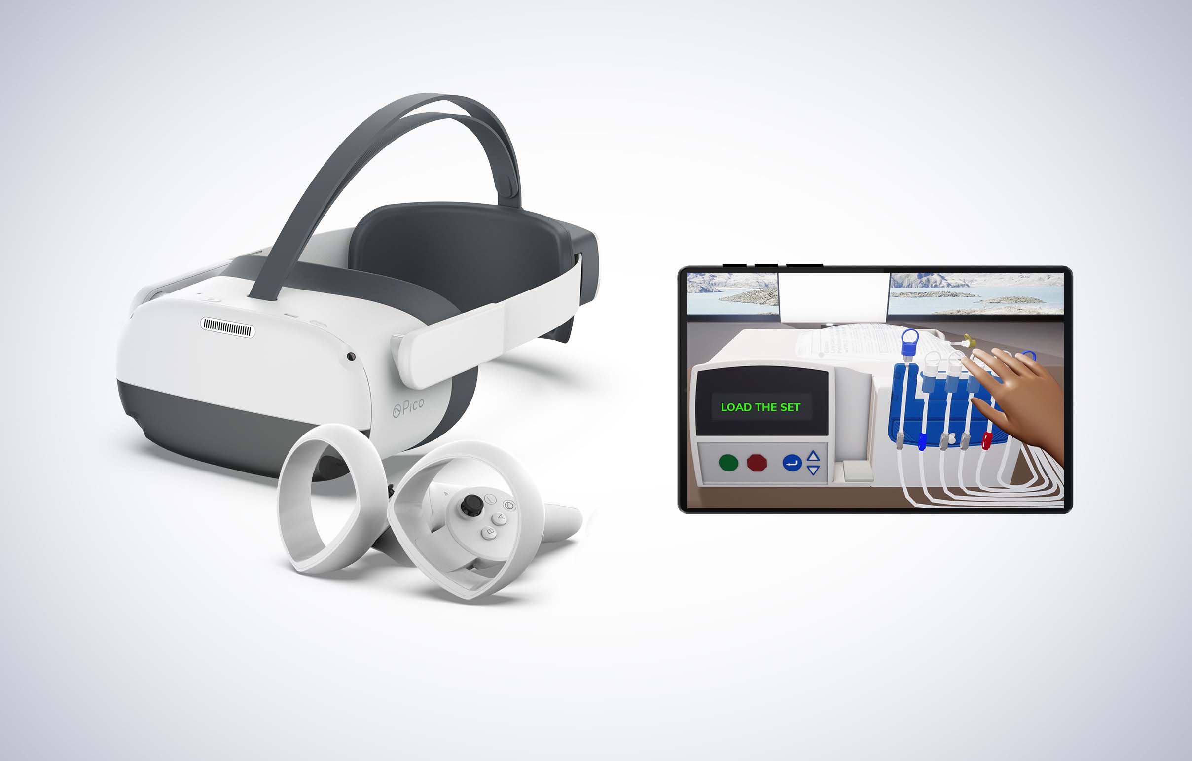 Unsere Hardware Empfehlung: Die Pico Neo3 VR Brille und ein Tablet, um den Dialyse Patienten im VR Training zuzusehen