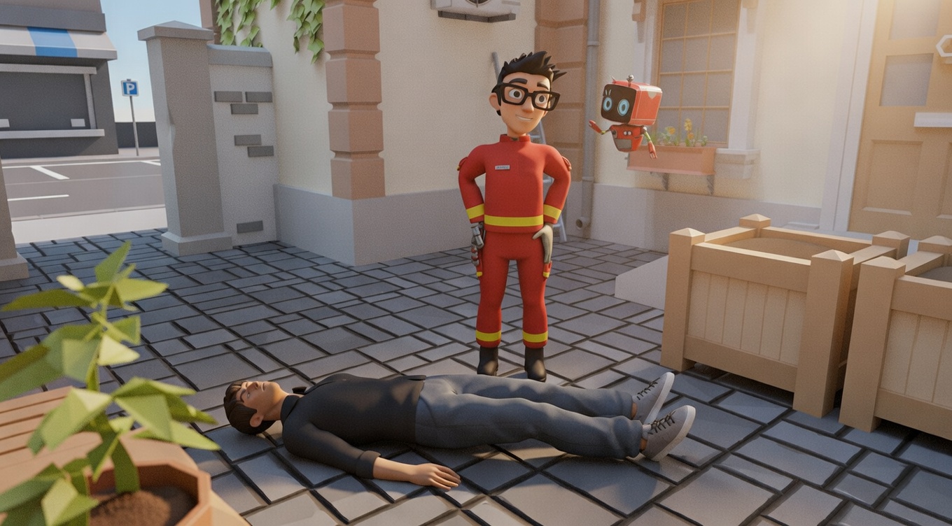 Eine 3D-animierte Szene aus der First-Person-Perspektive einer Erste-Hilfe-VR-Anwendung. Auf einem gepflasterten Weg vor einem Haus liegt eine bewusstlose Person. Eine männliche Comic-Figur in roter Sanitäter-Uniform steht daneben, die Hände in die Hüften gestemmt, während ein kleiner roter Roboter daneben schwebt.